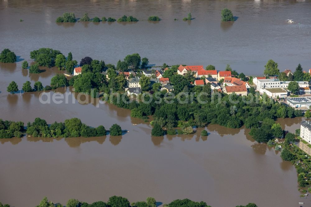 Aerial photograph Dresden - The situation during the flooding on the bank of the river Elbe in the part Tolkewitz in Dresden in the State of Sachsen. Affected are areas quite far from the river;