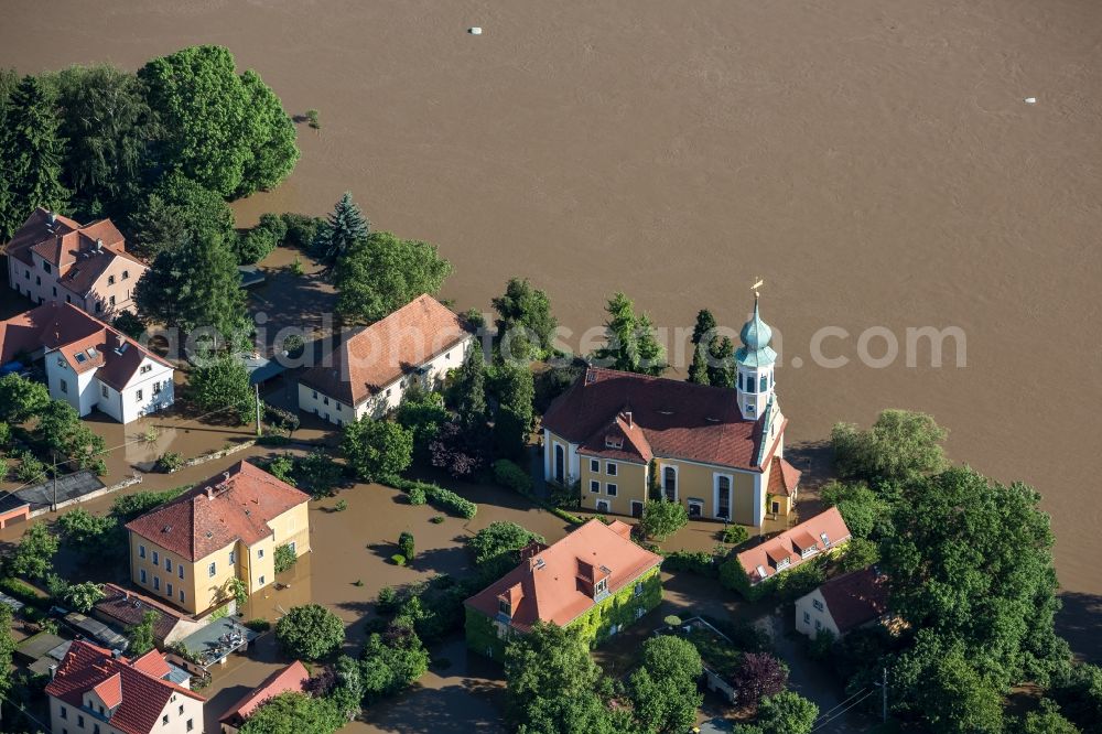 Dresden from the bird's eye view: The situation during the flooding on the bank of the river Elbe in the part Tolkewitz in Dresden in the State of Sachsen. Affected are areas quite far from the river;