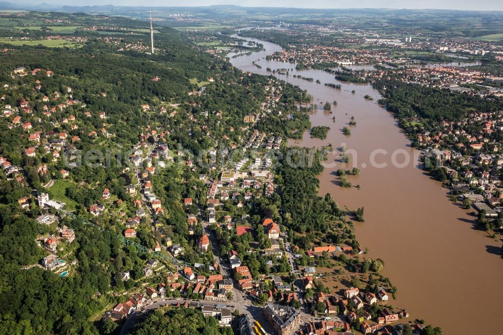 Dresden from the bird's eye view: The situation during the flooding on the bank of the river Elbe in the part Tolkewitz in Dresden in the State of Sachsen. Affected are areas quite far from the river;