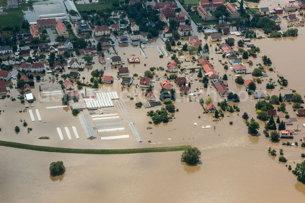 Gohlis / Stetzsch from above - The situation during the flooding in East Germany on the bank of the river Elbe between Gohlis and Stetzsch close to Dresden in the state of Saxony