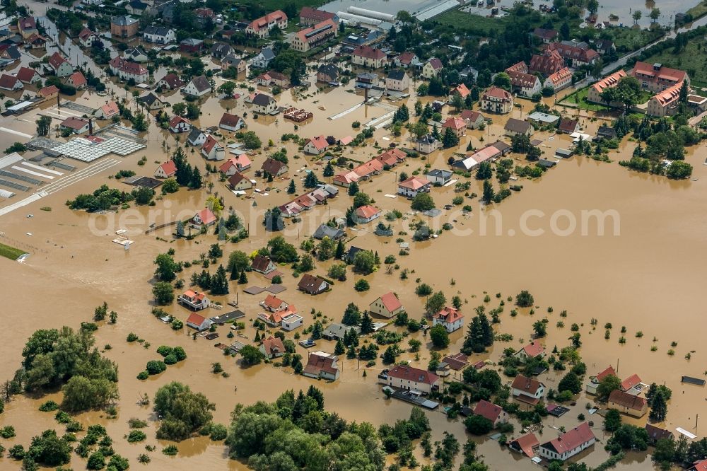 Gohlis / Stetzsch from the bird's eye view: The situation during the flooding in East Germany on the bank of the river Elbe between Gohlis and Stetzsch close to Dresden in the state of Saxony