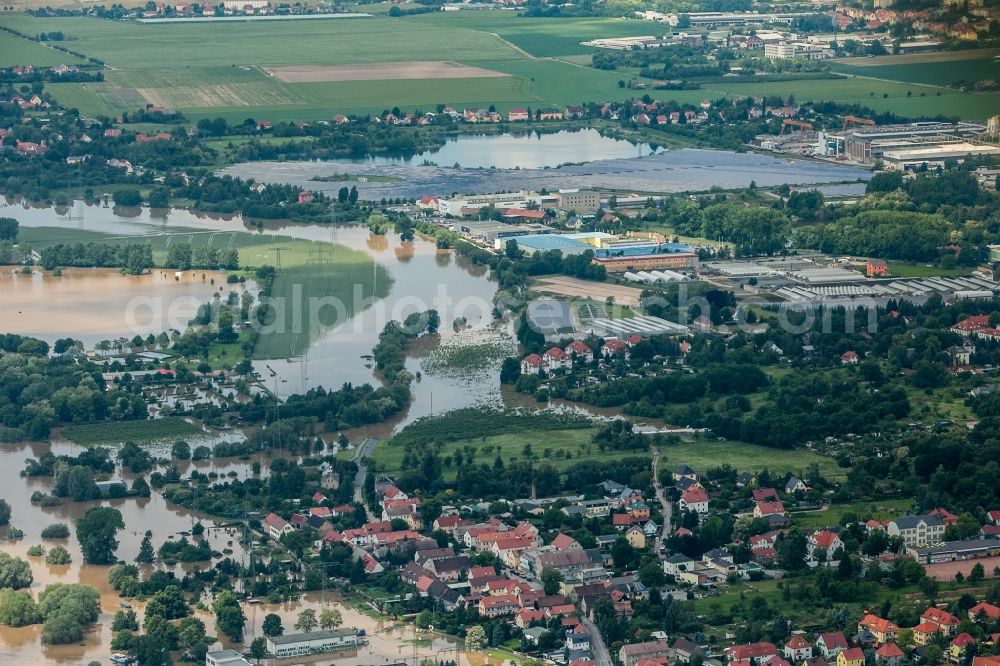 Coswig from above - The situation during the flooding in East Germany on the bank of the river Elbe close to Riesa and Nünchritz in the state of Saxony. Overview of the Elbe river and neighbouring fields and allotements. View of the Elbe islands Pillnitz and Gauernitz and the swimming lake Coswig-Kötitz