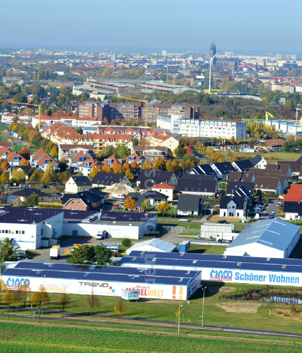 Magdeburg from the bird's eye view: Seat of the MACO-Möbel Vertriebs GmbH Magdeburg on the Gustav Ricker Road in Saxony-Anhalt