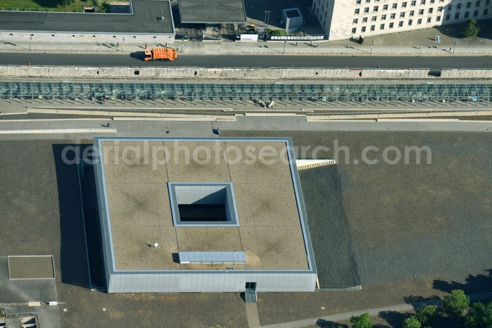 Berlin from above - Headquarter of the Foundation Topography of Terror in the Kreuzberg district of Berlin. The Foundation at Niederkirchnerstrasse is a documentation center for the reworking of the terror of the National Socialists. The building is located on remnants of the Berlin Wall, which is under monument protection