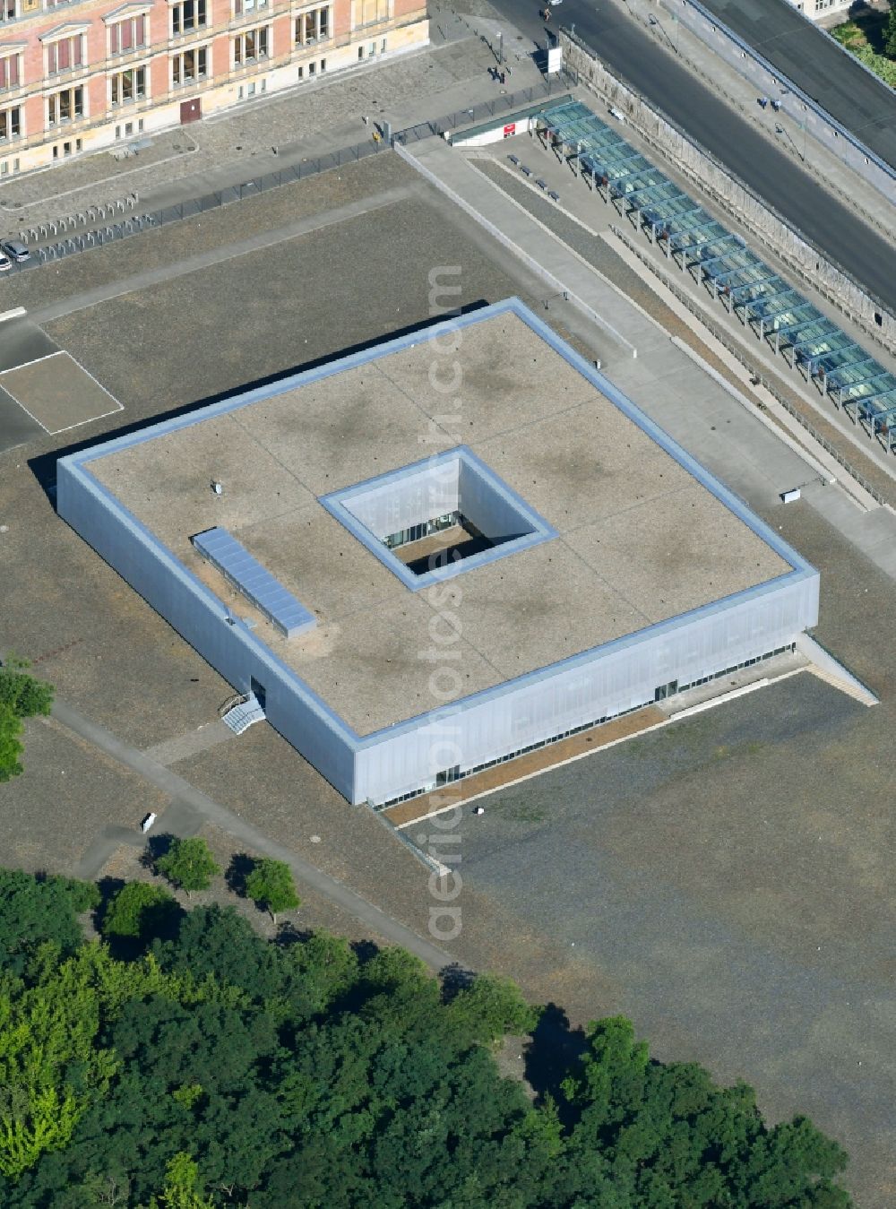 Berlin from above - Headquarter of the Foundation Topography of Terror in the Kreuzberg district of Berlin. The Foundation at Niederkirchnerstrasse is a documentation center for the reworking of the terror of the National Socialists. The building is located on remnants of the Berlin Wall, which is under monument protection