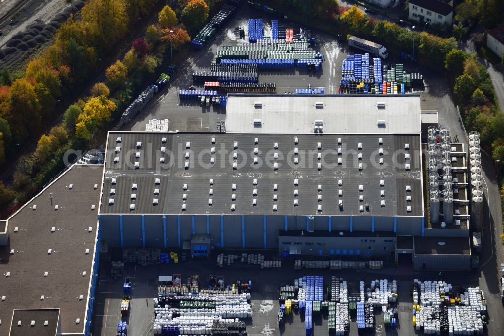 Aerial image Herford - View onto the main office of the company SULO Umwelttechnik GmbH in Herford in the state Nirth Rhine-Westphalia. It produces waste container, packing systems and logistics services