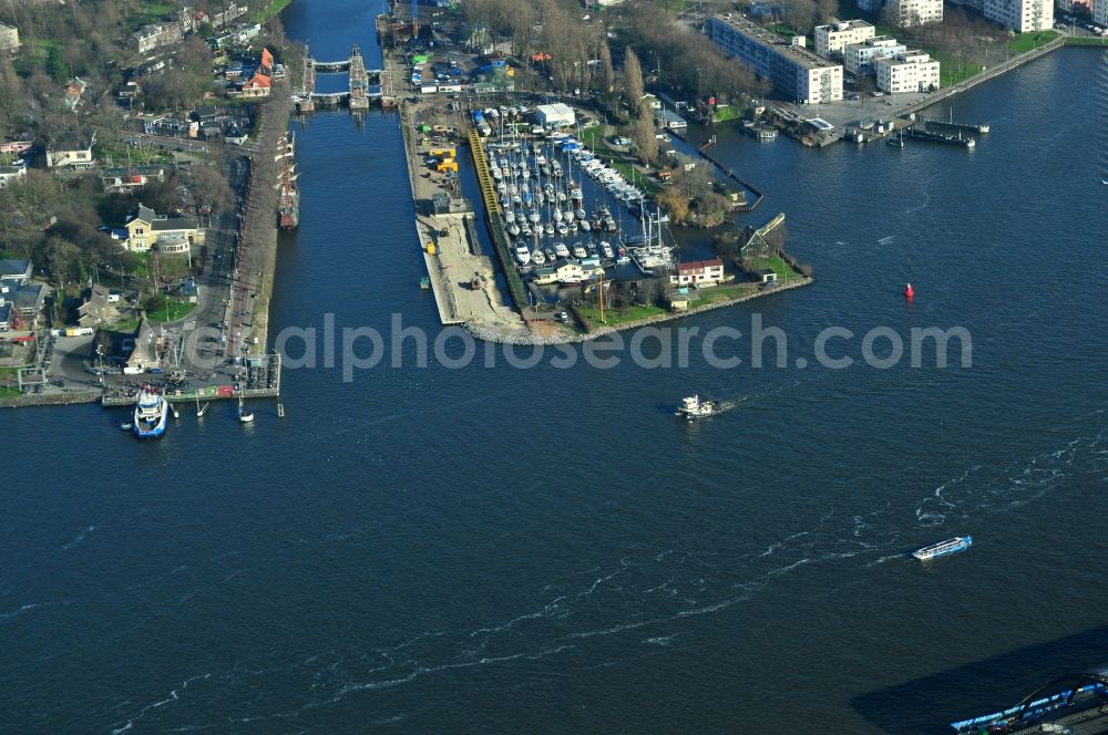 Amsterdam from above - District view of Amsterdam Noord with view of the port Sixhaven in the province of North Holland in the Netherlands. Sixhaven is located nearby the river IJ