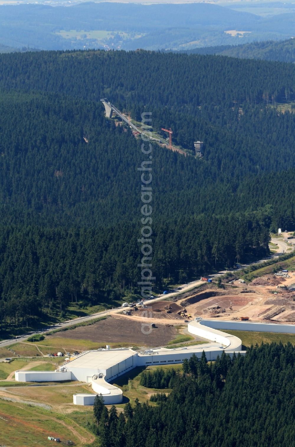 Aerial image Oberhof - View Oberhofer ski track with the newly built ski resort. This from the German Ski Federation initiated sports facility is unique in Europe