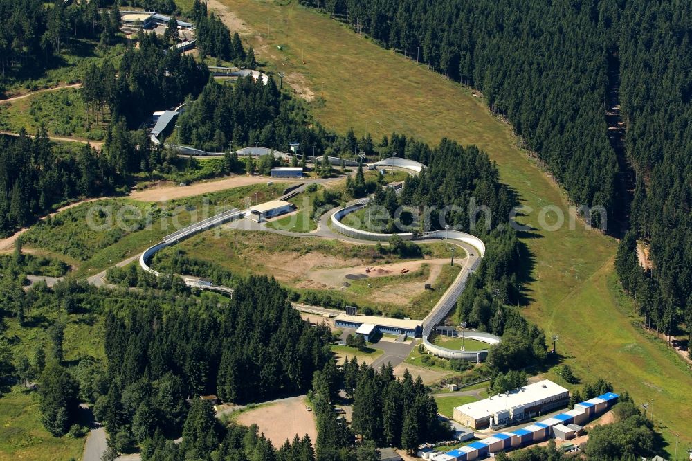 Aerial photograph Oberhof - View Oberhofer ski track with the newly built ski resort. This from the German Ski Federation initiated sports facility is unique in Europe