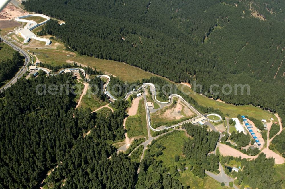 Aerial image Oberhof - View Oberhofer ski track with the newly built ski resort. This from the German Ski Federation initiated sports facility is unique in Europe