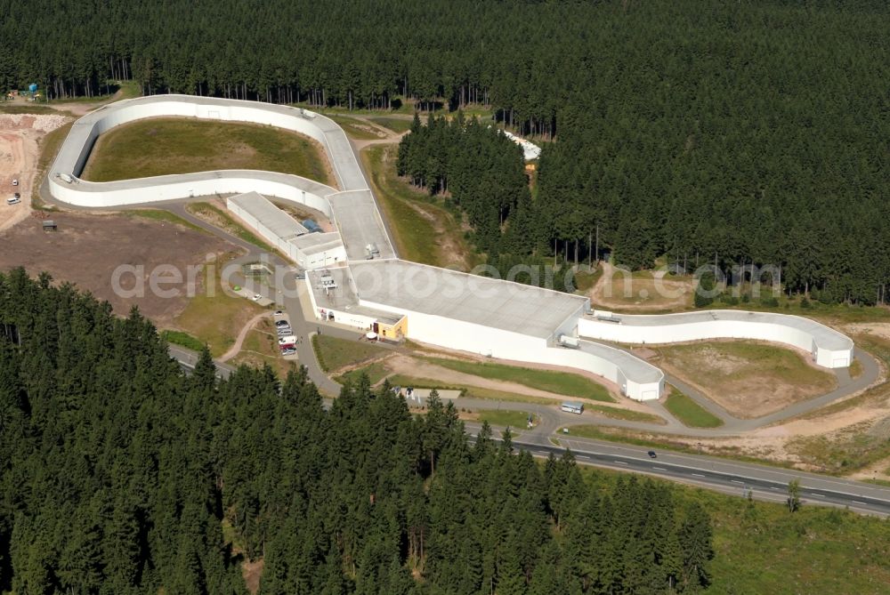 Aerial photograph Oberhof - View Oberhofer ski track with the newly built ski resort. This from the German Ski Federation initiated sports facility is unique in Europe