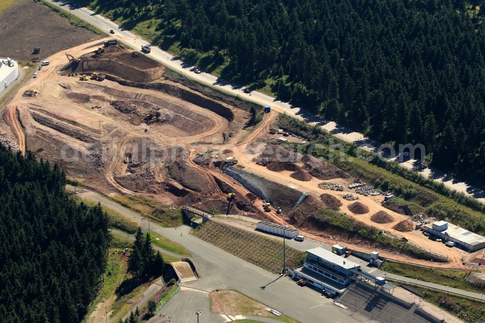 Aerial image Oberhof - View Oberhofer ski track with the newly built ski resort. This from the German Ski Federation initiated sports facility is unique in Europe