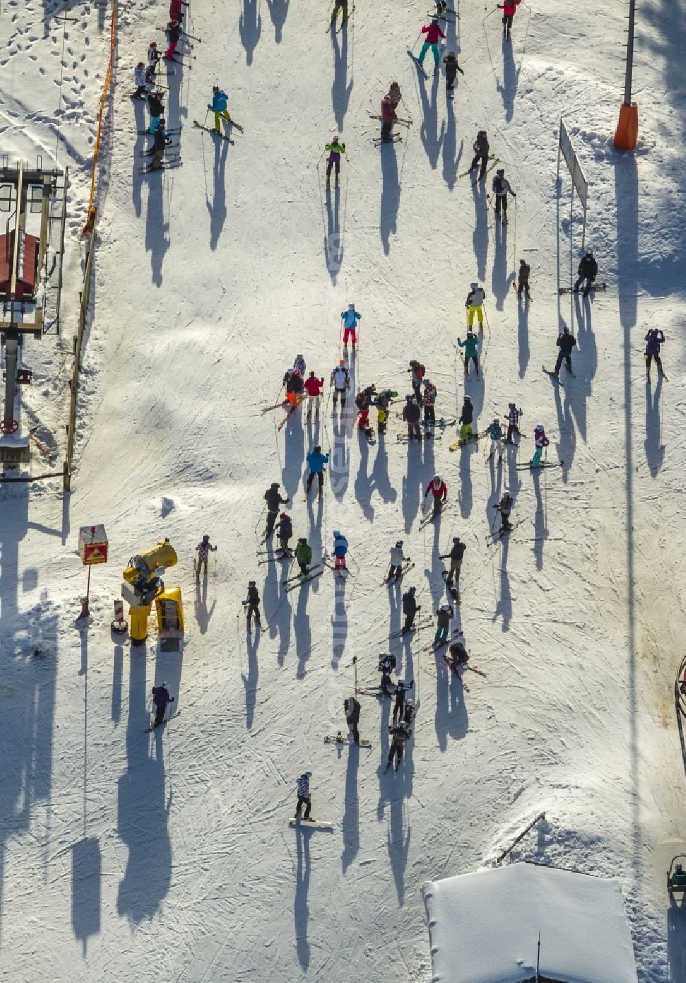 Winterberg from above - Ski lifts of the winter sports area Skiliftkarussell with visitors in Winterberg in the district Hochsauerlandkreis HSK in the state North Rhine-Westphalia