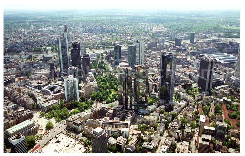 Aerial photograph Frankfurt am Main - Blick auf das Bankenviertel im Stadtzentrum von Frankfurt nördlich des Mainz.