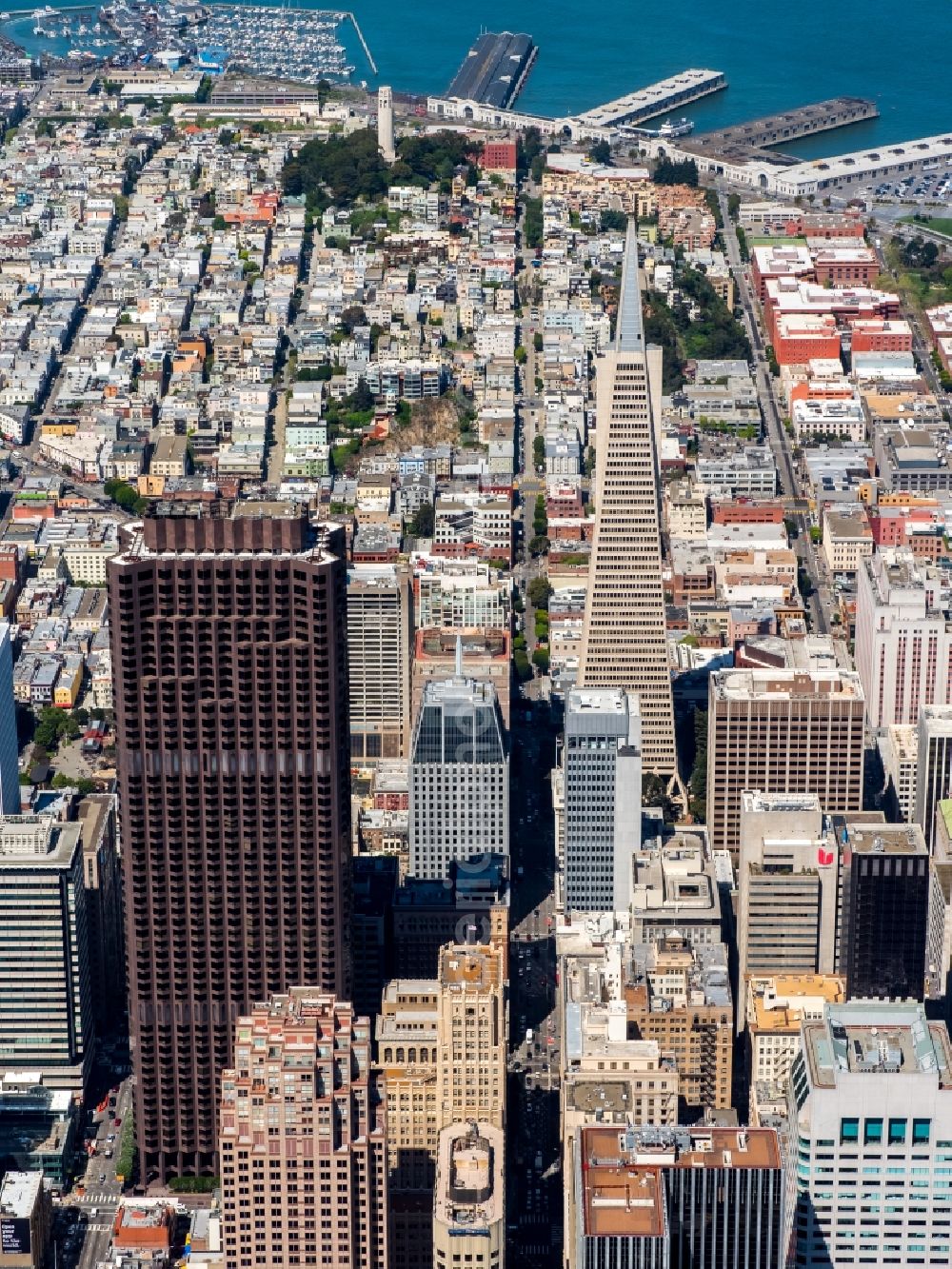 San Francisco from the bird's eye view: Sky Line on Construction site for new high-rise building complex Transamerica Pyramid Center in San Francisco in USA