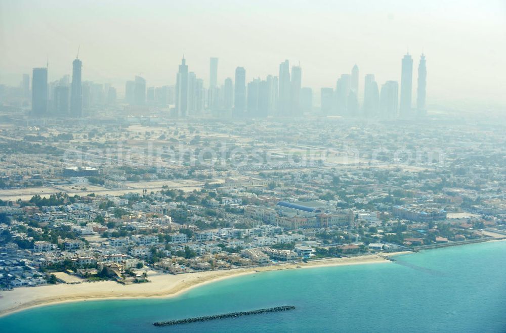 Aerial photograph Dubai - View of the skyline of Dubai from the beach section Jumeirah Beach