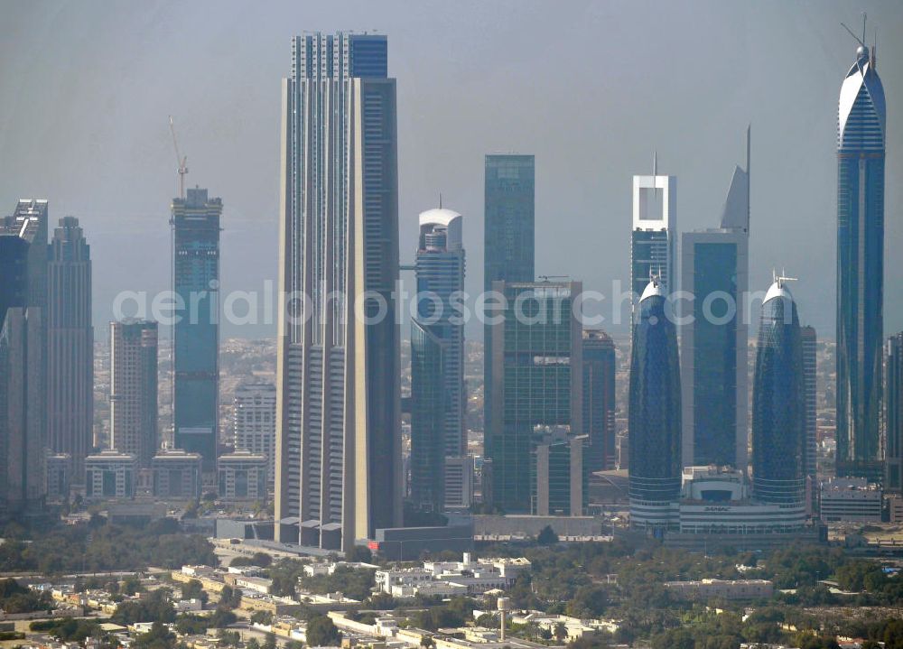 Aerial image Dubai - Blick auf das Dubai International Financial Centre (DIFC) mit den Twin Towers der Immobilienfirma Damac im Zentrum. Das DIFC bildet eine finanzielle Drehscheibe für den Mittleren Osten und Nordafrika. View of the Dubai International Financial Centre (DIFC) with the Twin Towers of the estate company Damac. The DIFC is a financial hub for the Middle East and North-Africa.