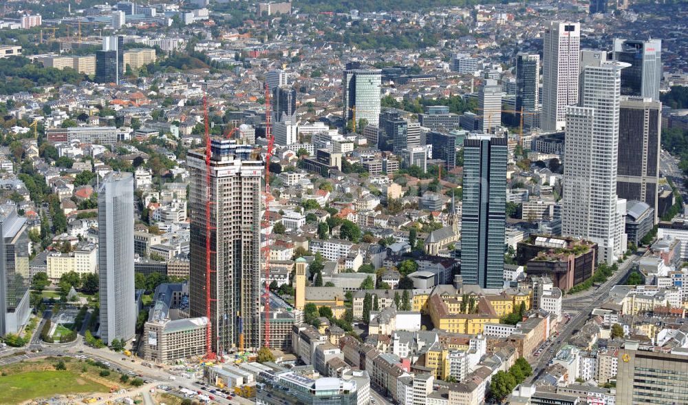 Aerial image FRANKFURT AM MAIN - View of the skyline on the banking and insurance district. The Tower 185 is a skyscraper in Frankfurt am Main and was designed by architekt Christoph Mäckler