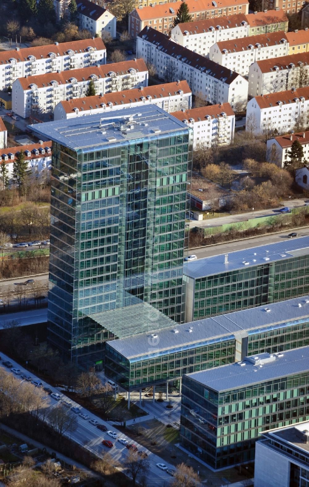 München from above - Administration building of the company of OSRAM GmbH on Marcel-Breuer-Strasse in the district Schwabing-Freimann in Munich in the state Bavaria, Germany