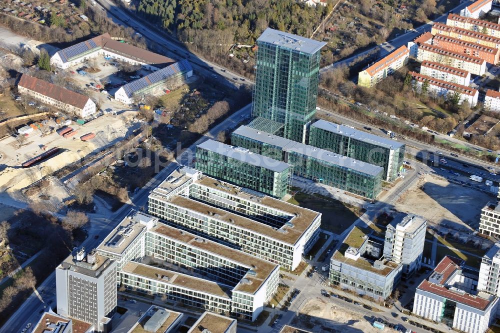 München from the bird's eye view: Administration building of the company of OSRAM GmbH on Marcel-Breuer-Strasse in the district Schwabing-Freimann in Munich in the state Bavaria, Germany