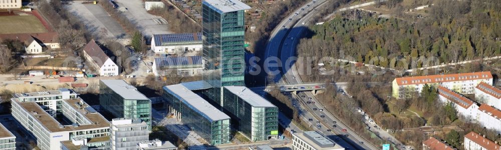 München from above - Administration building of the company of OSRAM GmbH on Marcel-Breuer-Strasse in the district Schwabing-Freimann in Munich in the state Bavaria, Germany