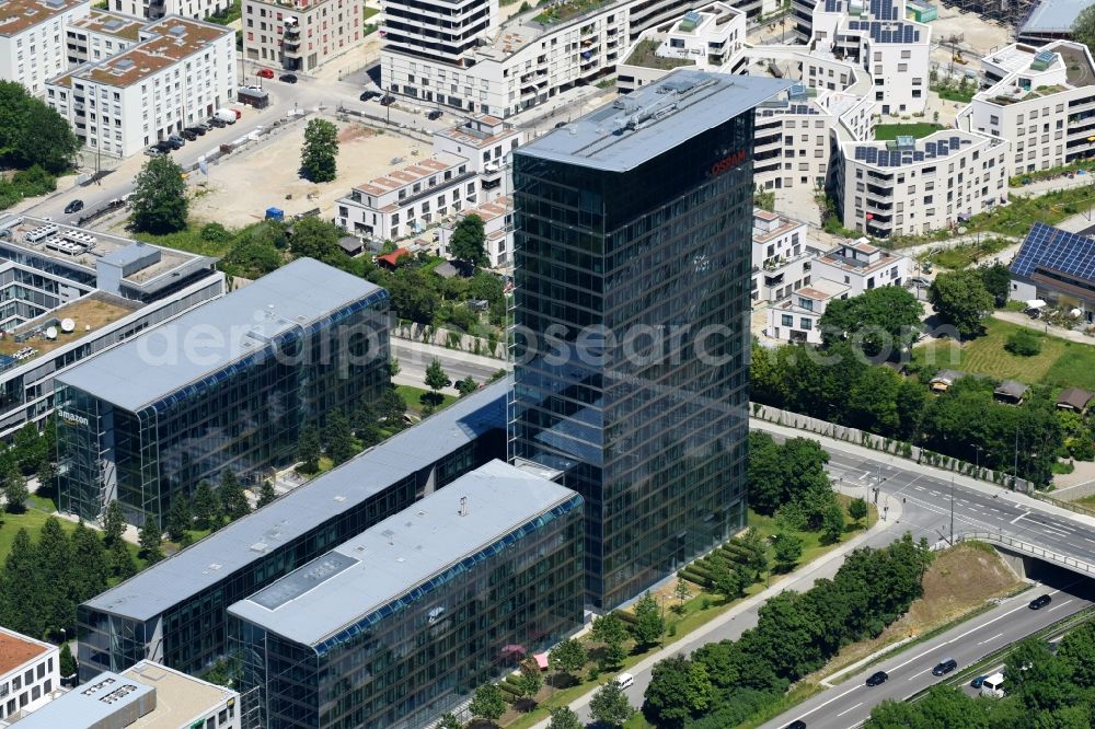 München from above - Administration building of the company of OSRAM GmbH on Marcel-Breuer-Strasse in the district Schwabing-Freimann in Munich in the state Bavaria, Germany