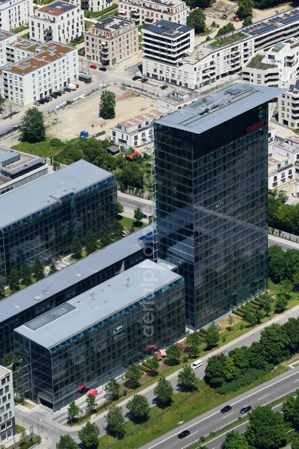 München from the bird's eye view: Administration building of the company of OSRAM GmbH on Marcel-Breuer-Strasse in the district Schwabing-Freimann in Munich in the state Bavaria, Germany