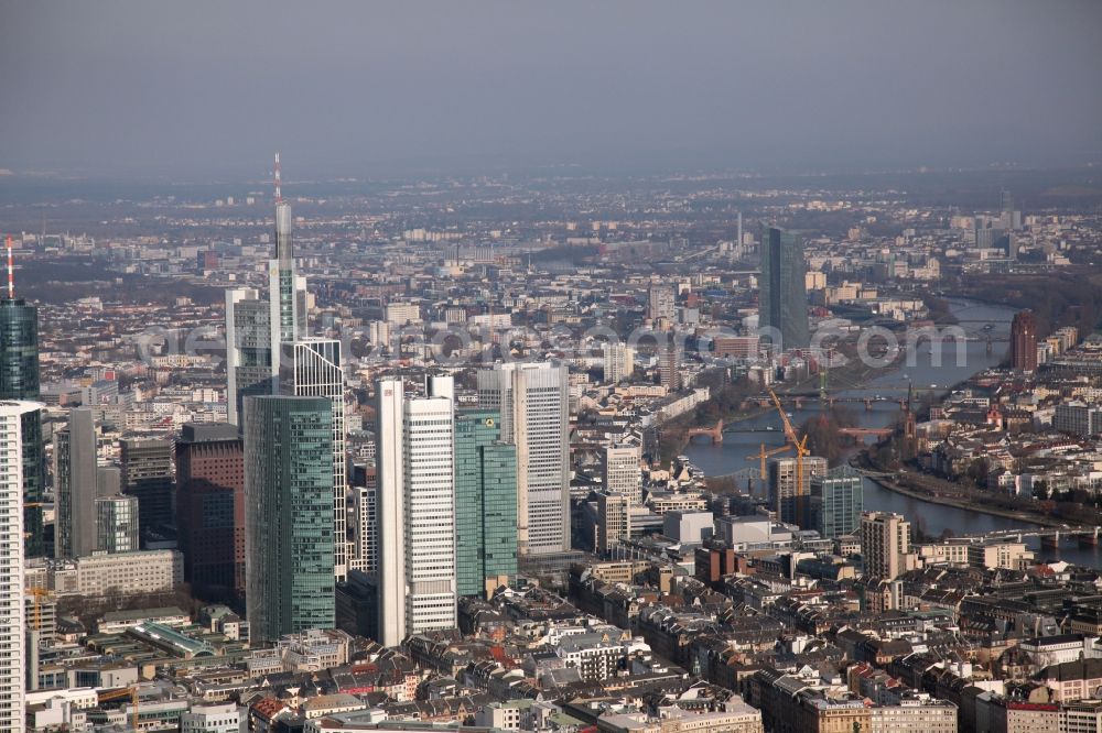 Aerial image Frankfurt am Main - View of the Skyline on the banks of the Main course in the city center of Frankfurt am Main in Hesse