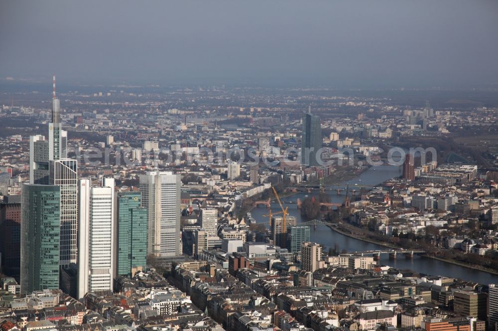 Aerial photograph Frankfurt am Main - View of the Skyline on the banks of the Main course in the city center of Frankfurt am Main in Hesse