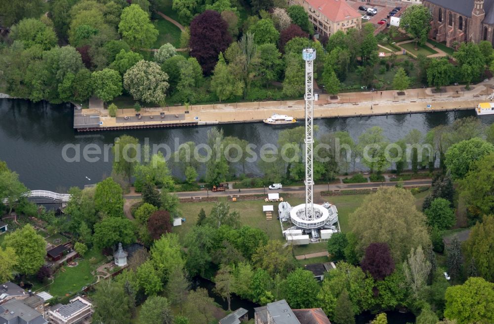 Brandenburg an der Havel from the bird's eye view: Site of the Bundesgartenschau 2015 (BUGA) in Brandenburg an der Havel in the State of Brandenburg. The image shows the Buga Skyliner, the highest 70 m mobile observation deck in the world