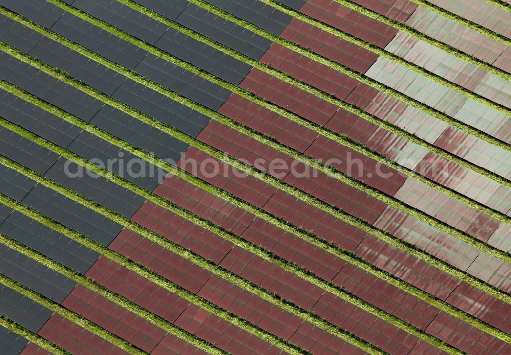 Gotha from above - Solar system with various thin-film modules for electricity generation on a field on the outskirts of Gotha in Thuringia