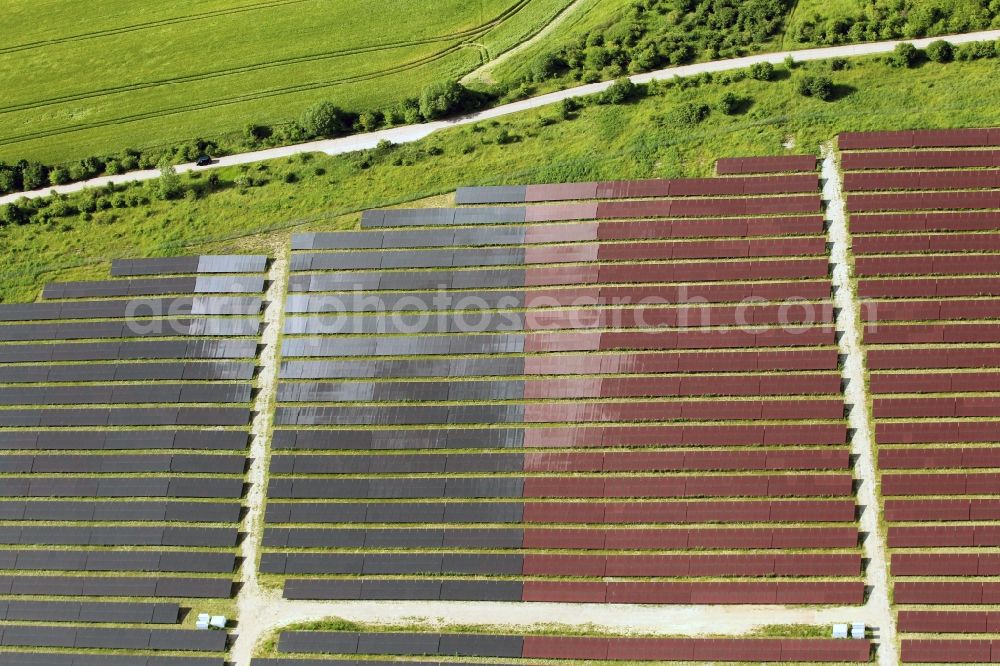 Gotha from the bird's eye view: Solar system with various thin-film modules for electricity generation on a field on the outskirts of Gotha in Thuringia