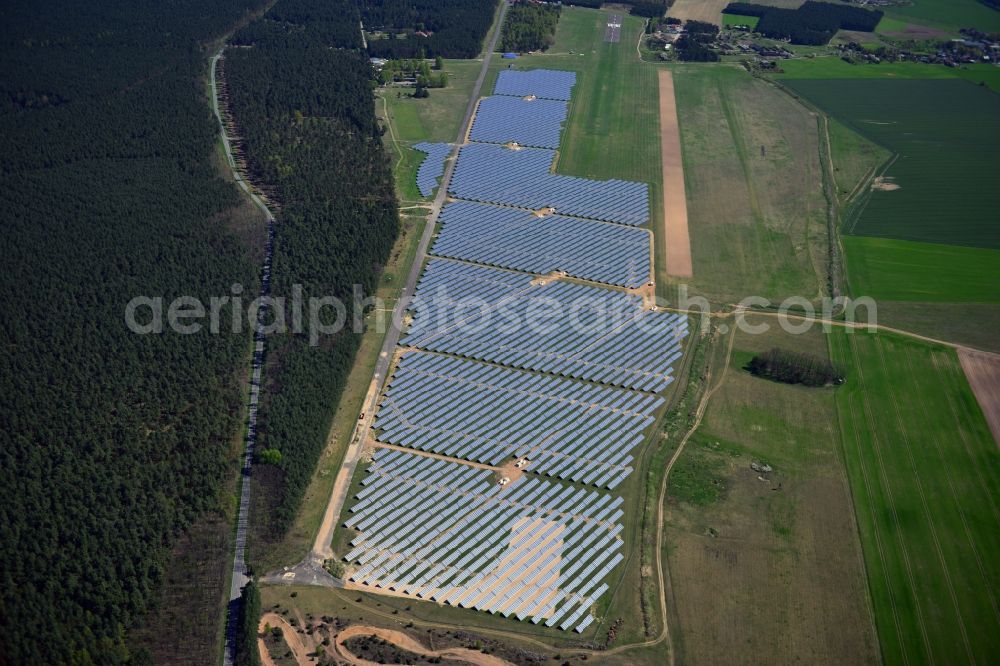 Eggersdorf bei Müncheberg from above - View at the of the solar energy park at the airport Eggersdorf in Brandenburg