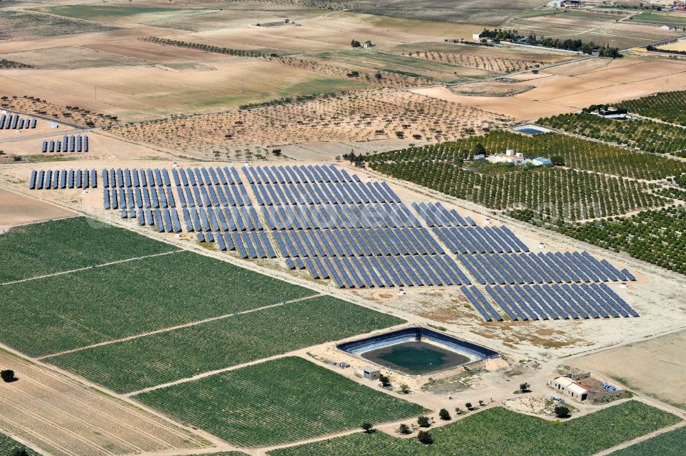 Los Martinez from the bird's eye view: Solar fileds, Solar Park esp. photovoltaic plant Los Martinez in Spain. Operator of the plant is the EEPro Company