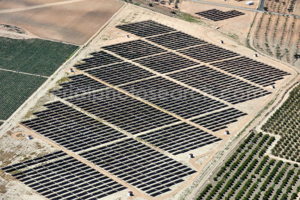 Los Martinez from the bird's eye view: Solar fileds, Solar Park esp. photovoltaic plant Los Martinez in Spain. Operator of the plant is the EEPro Company