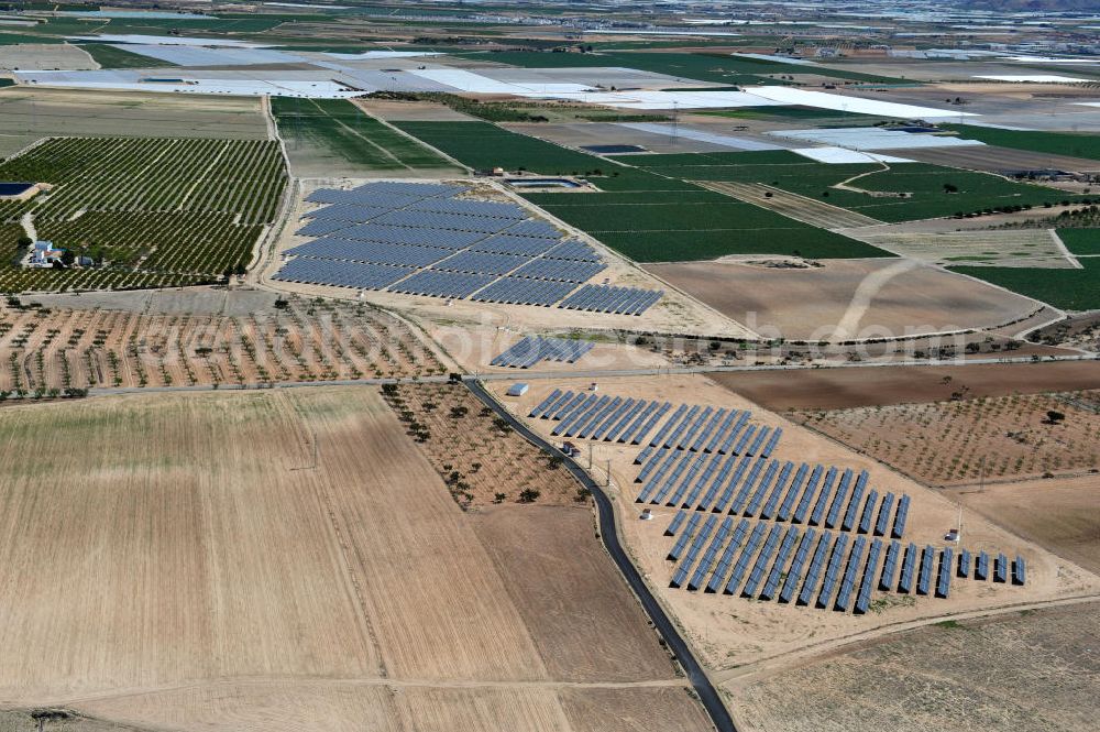 Los Martinez from the bird's eye view: Solar fileds, Solar Park esp. photovoltaic plant Los Martinez in Spain. Operator of the plant is the EEPro Company