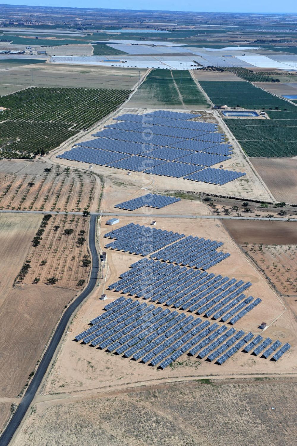 Aerial image Los Martinez - Solar fileds, Solar Park esp. photovoltaic plant Los Martinez in Spain. Operator of the plant is the EEPro Company