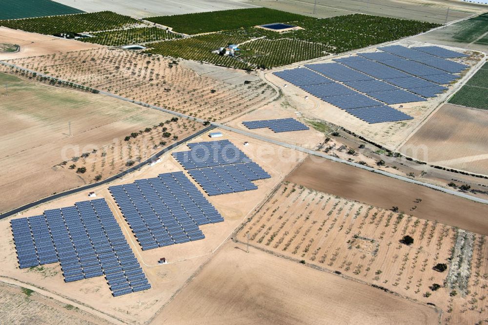 Los Martinez from the bird's eye view: Solar fileds, Solar Park esp. photovoltaic plant Los Martinez in Spain. Operator of the plant is the EEPro Company