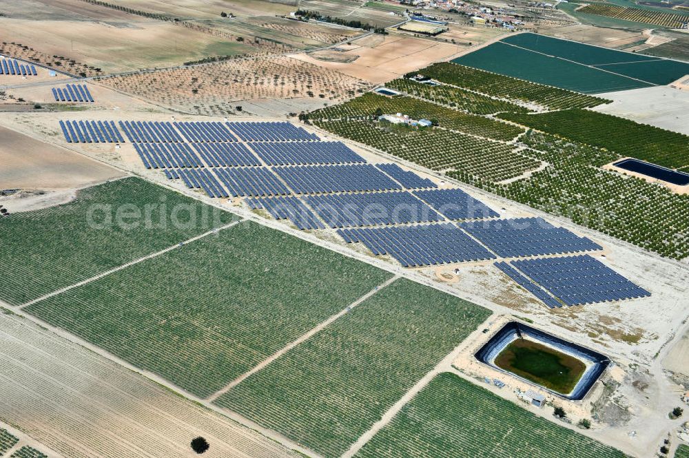 Los Martinez from the bird's eye view: Solar fileds, Solar Park esp. photovoltaic plant Los Martinez in Spain. Operator of the plant is the EEPro Company