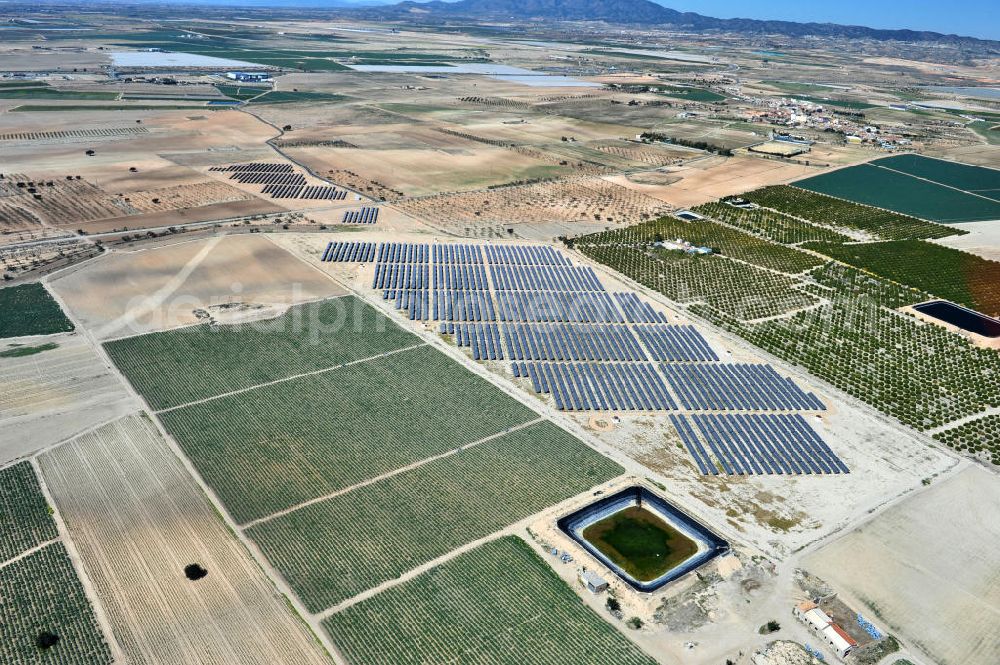 Aerial image Los Martinez - Solar fileds, Solar Park esp. photovoltaic plant Los Martinez in Spain. Operator of the plant is the EEPro Company