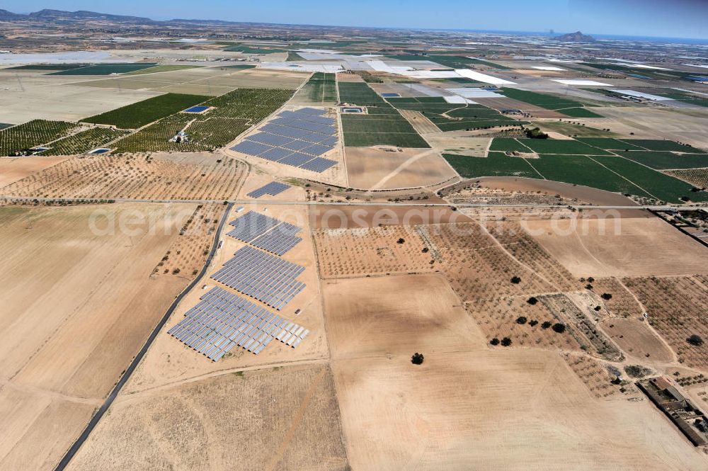 Los Martinez from the bird's eye view: Solar fileds, Solar Park esp. photovoltaic plant Los Martinez in Spain. Operator of the plant is the EEPro Company