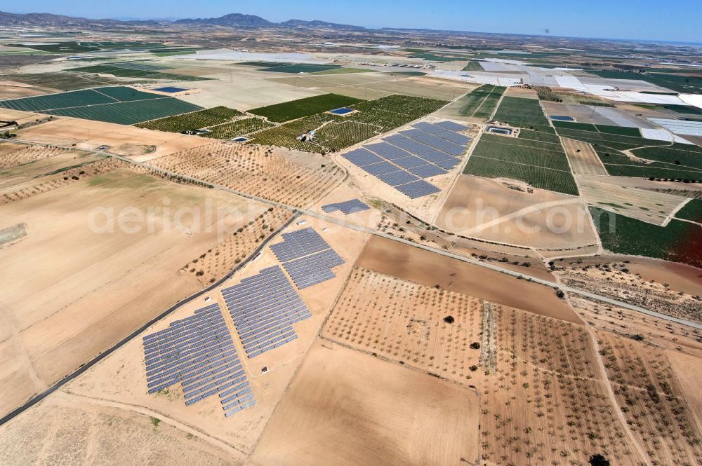 Aerial image Los Martinez - Solar fileds, Solar Park esp. photovoltaic plant Los Martinez in Spain. Operator of the plant is the EEPro Company