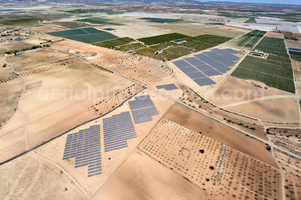 Aerial photograph Los Martinez - Solar fileds, Solar Park esp. photovoltaic plant Los Martinez in Spain. Operator of the plant is the EEPro Company