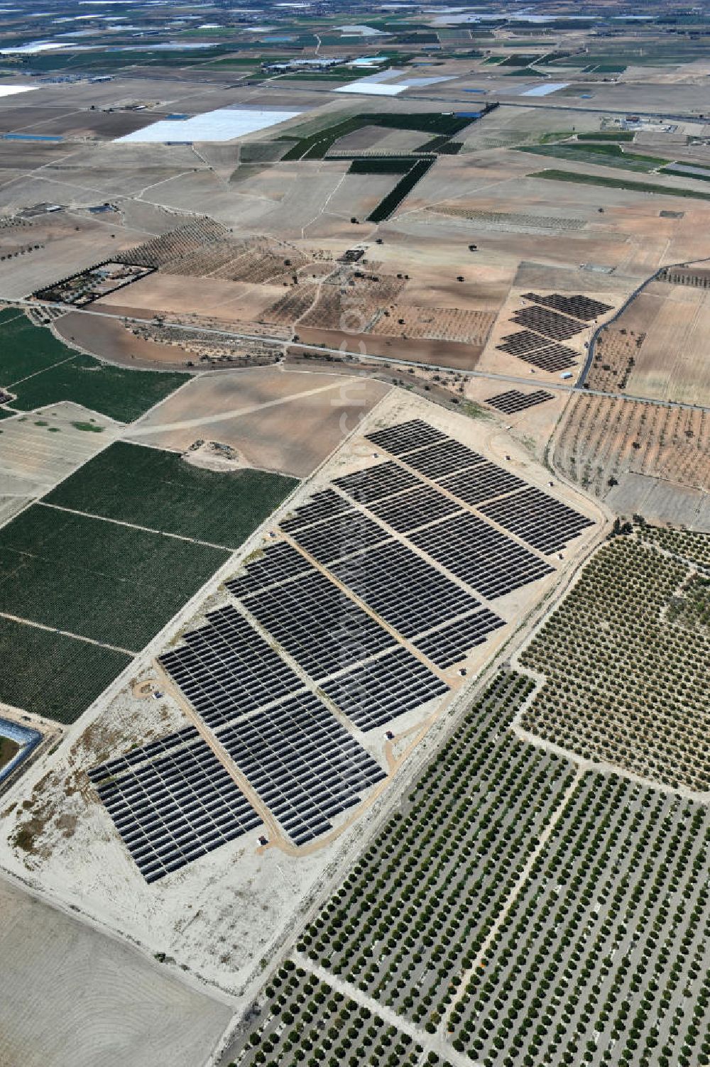 Los Martinez from the bird's eye view: Solar fileds, Solar Park esp. photovoltaic plant Los Martinez in Spain. Operator of the plant is the EEPro Company