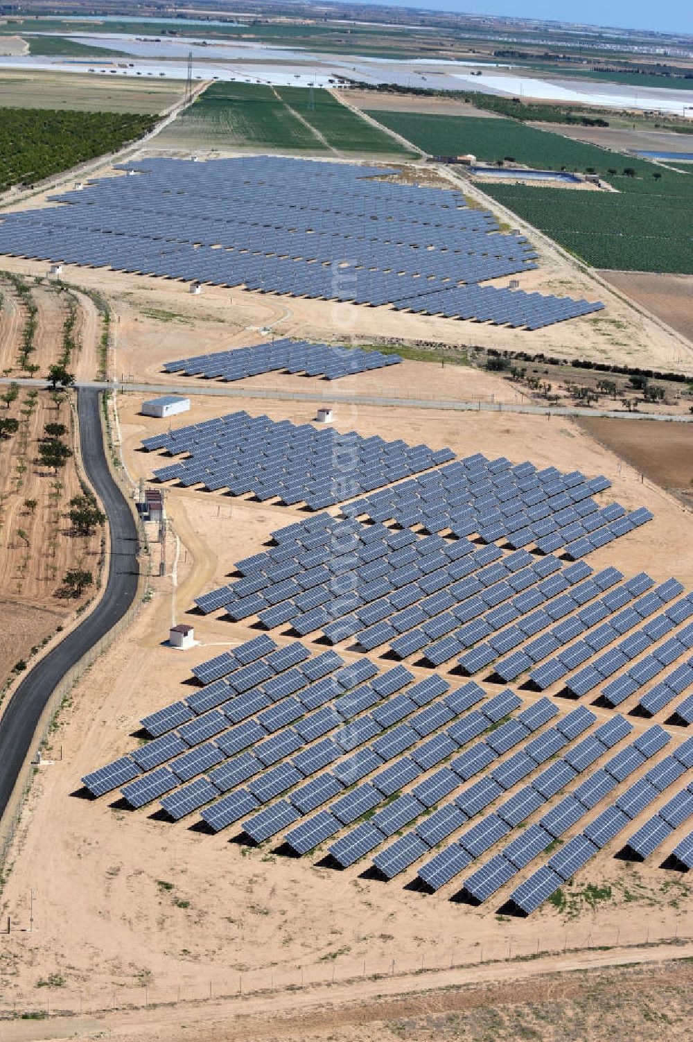 Los Martinez from the bird's eye view: Solar fileds, Solar Park esp. photovoltaic plant Los Martinez in Spain. Operator of the plant is the EEPro Company