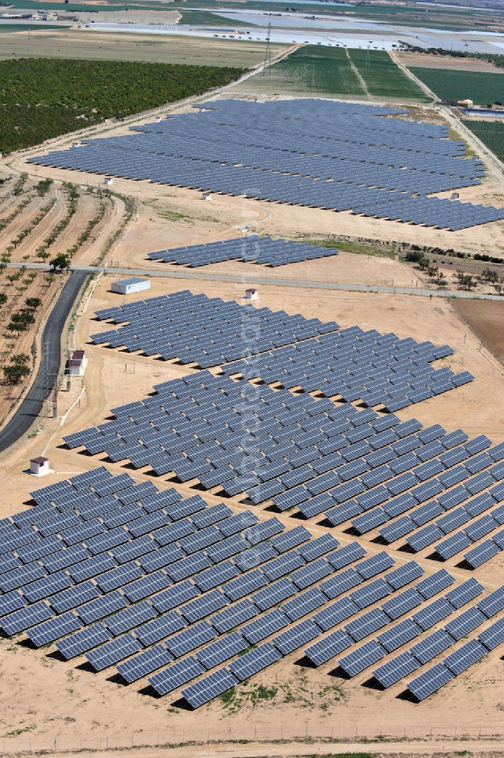 Aerial image Los Martinez - Solar fileds, Solar Park esp. photovoltaic plant Los Martinez in Spain. Operator of the plant is the EEPro Company