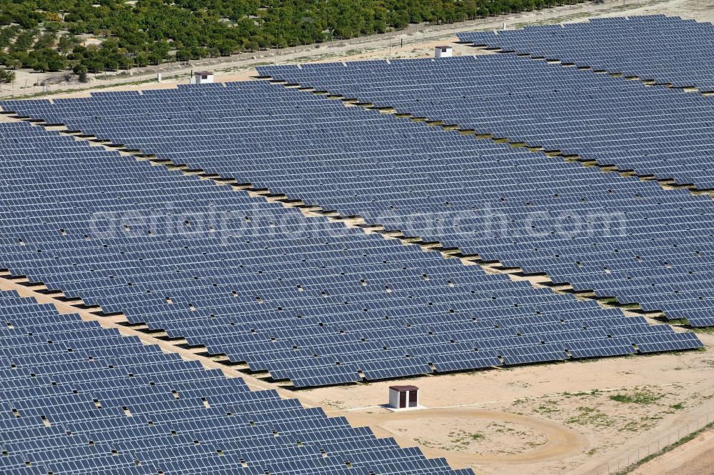 Los Martinez from the bird's eye view: Solar fileds, Solar Park esp. photovoltaic plant Los Martinez in Spain. Operator of the plant is the EEPro Company