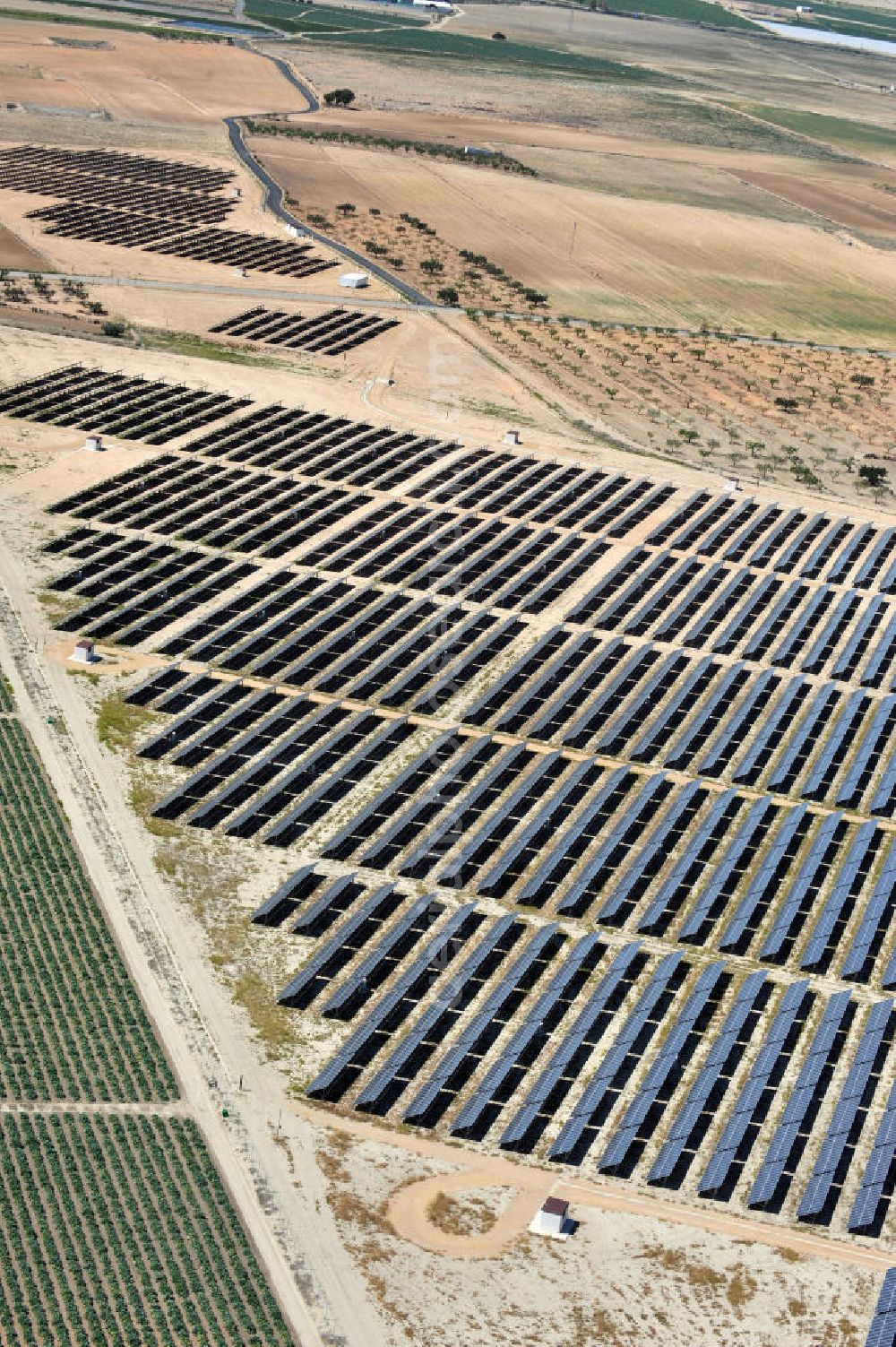 Los Martinez from the bird's eye view: Solar fileds, Solar Park esp. photovoltaic plant Los Martinez in Spain. Operator of the plant is the EEPro Company