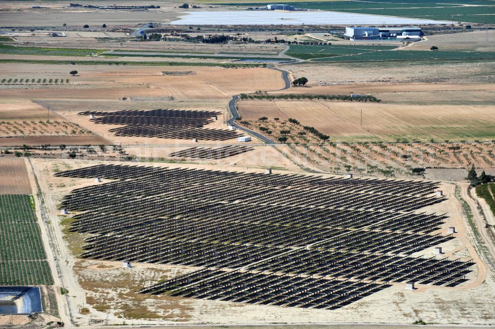 Los Martinez from the bird's eye view: Solar fileds, Solar Park esp. photovoltaic plant Los Martinez in Spain. Operator of the plant is the EEPro Company