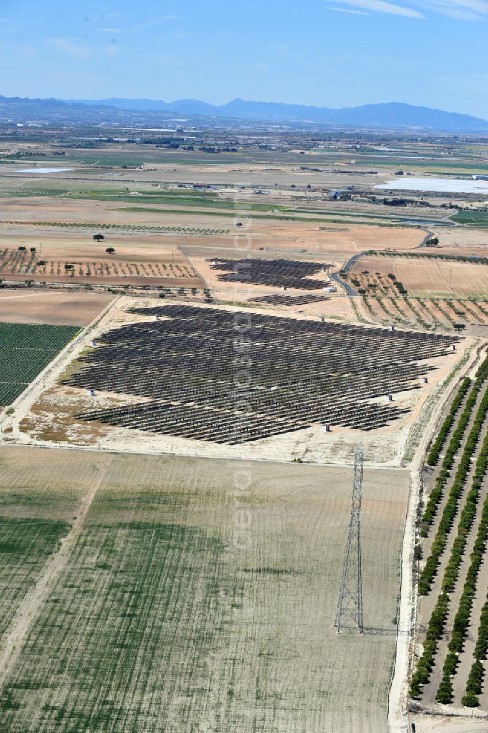 Los Martinez from the bird's eye view: Solar fileds, Solar Park esp. photovoltaic plant Los Martinez in Spain. Operator of the plant is the EEPro Company